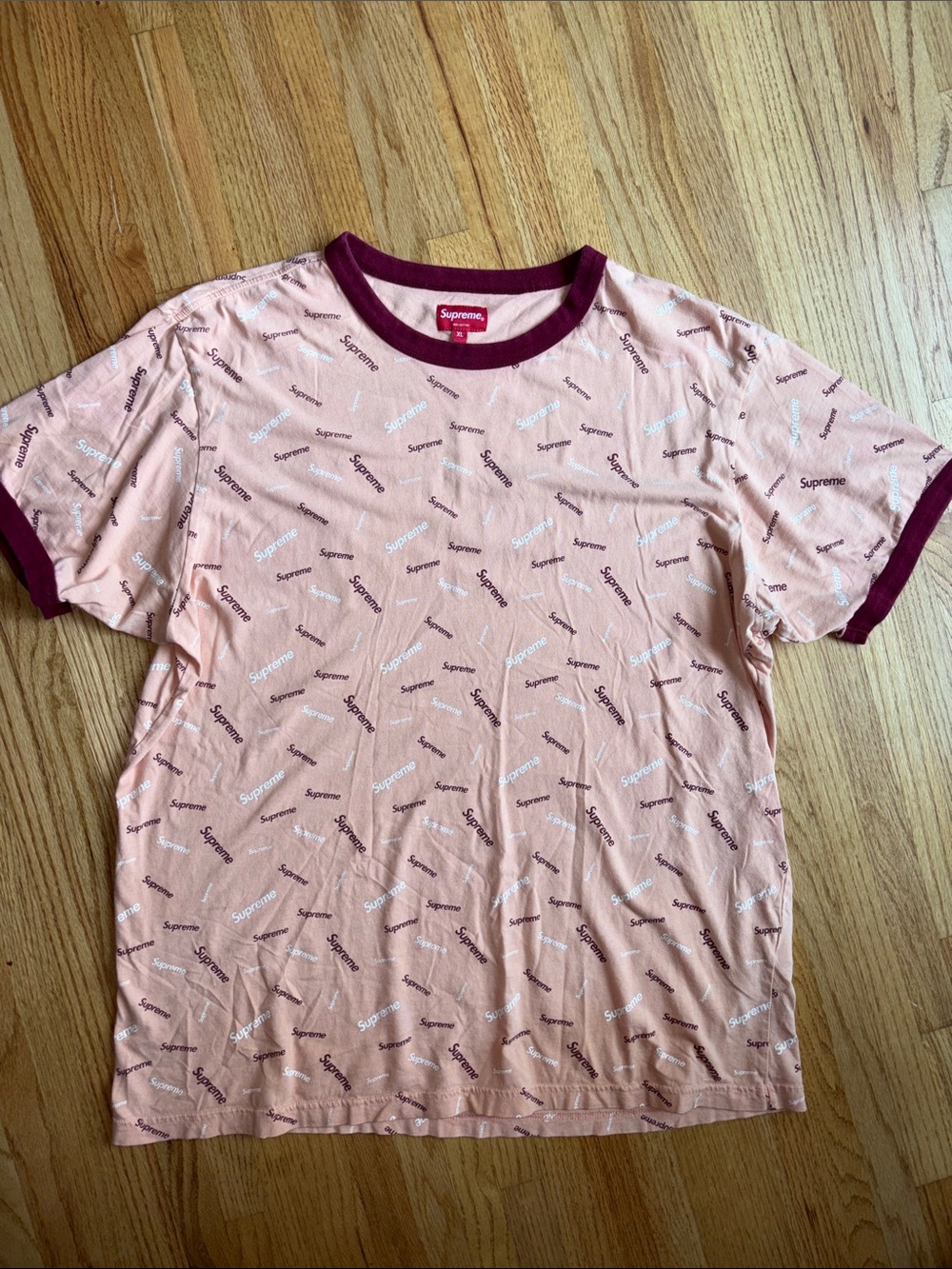 Supreme XL Pink Ringer Tee with Burgundy Trim